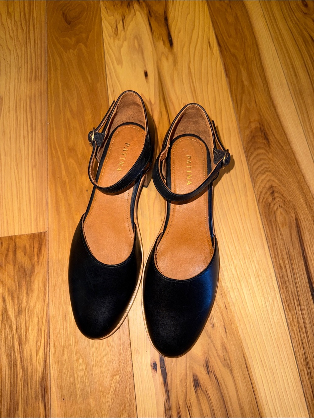 Patina Black Leather Block Heel Mary Jane Pumps with Ankle Strap - Picture 2 of 7